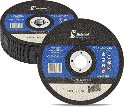 Molatool Lot de 10 disques à tronçonner professionnels 150 x 1,6 x 22,2 mm pour métal, acier, acier inoxydable/inox, pour meuleuse d'angle