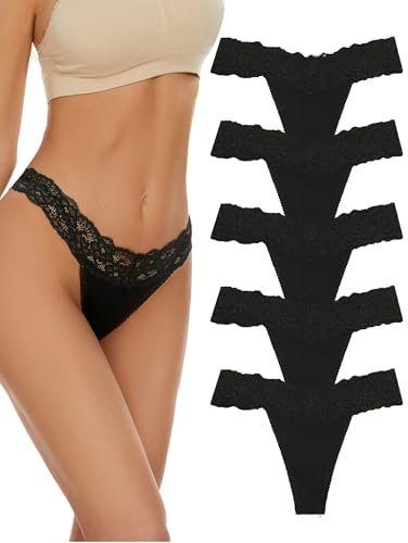VOENXE Spitze String Tanga Damen Unterhosen,Nahtlos Unterwäsche Frauen Mehrpack,Seamless Invisible Lace Slip Panty,Ohne Naht Komfortabel Unterhose Underwear,Atmungsaktiv Thong,5 Pack Set