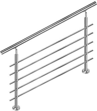 Aufun Corrimano in acciaio inox, 200 cm, ringhiere per scale interne ed esterne con 2 pali per scale, parapetto, balcone (200 cm, 5 barre trasversali)