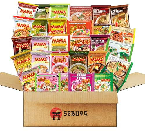 Sebuya Instant Nudeln Box, 30 verschiedene Sorten von MAMA, mit Garnelen, Hühnchen, Rindfleisch, Yentafo Tofu, Pad Kee Mao, Pa-Lo Ente, Ramen Ente, Gemüse, Klare Suppe, Pad Thai (12er Pack)