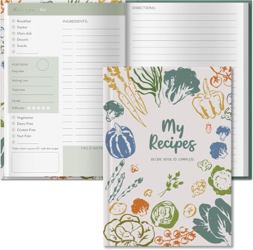 BIROYAL Libro de recetas en blanco para recetas propias, diario de recetas personalizado para 100 recetas, diario de recetas A5 para escribir tu propio libro de recetas, libro de cocina vacío de 224