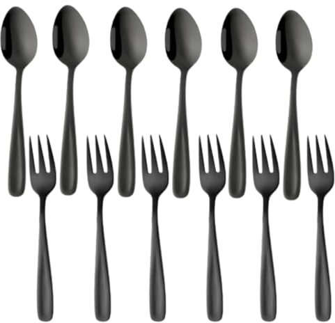 TEAHAHA 5.4 inch Stainless Steel Teaspoons Espresso Spoons and Dessert Forks Set, Set of 12，6 Forks and 6 Spoons, for Salad, Appetizer, Cake,Fruit (Black)