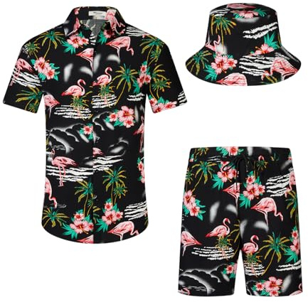 SPKPKEY Conjunto de camisa y pantalones cortos hawaianos para hombre, 2 piezas, camisas casuales con botones, trajes de playa de verano con sombreros de pescador, M
