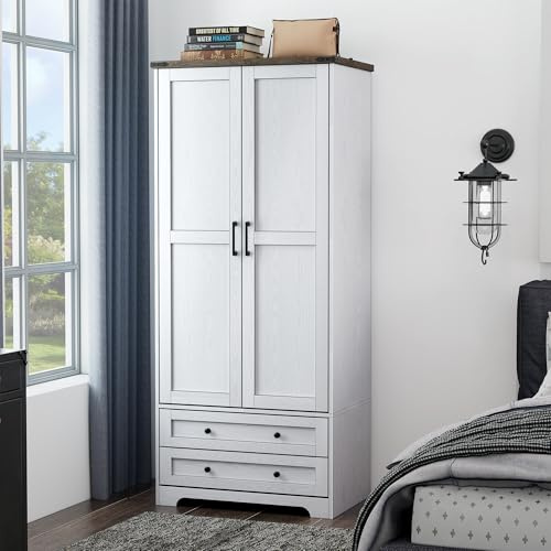 Yechen 71 Wooden Armoire Wardrobe Closet - Modern Functional Clothes Tall Storage Cabinet with Adjustable Shelf and Hanging Rail, Sturdy Freestanding Closet Wardrobe with 2 Wide Drawers for Bedroom