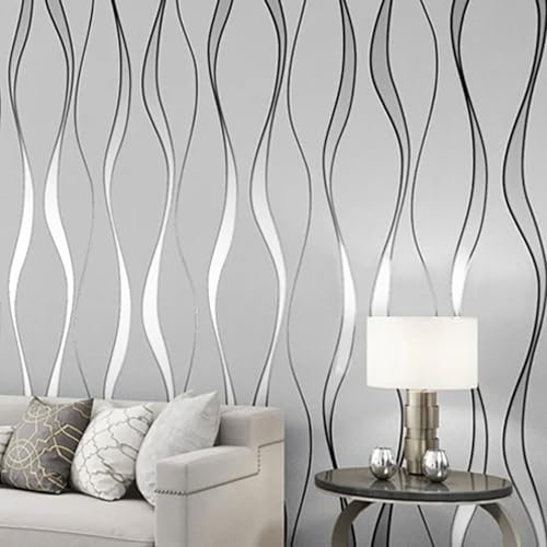 Modern Minimalist Abstract Curves Glitter Non-Woven 3D Wave Stripes Wallpaper Roll Mural Embossed Wallpaper Flocking Striped Wallcoverings for Bedroom Living Room TV Backdrop Kitchen (Grey