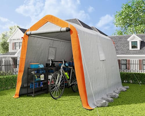 AMERLIFE 6x8x6.6 FT Heavy Duty Portable Shed Storage Shelter, Outdoor Storage Shed with 2 Waterproof Windows & Roll-Up Zipper Door, Carport for Motorcycle, Bike, Gray