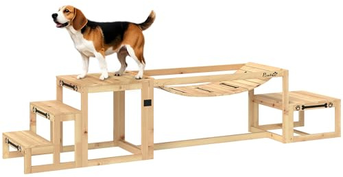 PawHut Équipements d'entraînement agilité pour Chien, kit d'équipement d'agilité pour Chien, 3 pièces, Pont Souple, Plateforme de Pause, escalier Inclus, en Bois Massif, Bois Naturel