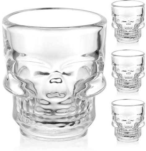 AOOTE Lot de 4 Verres à Shot en Forme de Crâne, Verres à Liqueur Tête de Mort, Verres à Alcool Forme de Tête de Mort, Verre Tete de Mort, Roses Glass Skull Shot Glasses, Verre Crane Tete de Mort