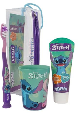 Disney Stitch - Set di spazzolini da denti per bambini, con setole morbide, ventosa e tappo protettivo, dentifricio alla menta e bicchiere multiuso, kit per l'igiene orale da viaggio per bambini dai 3