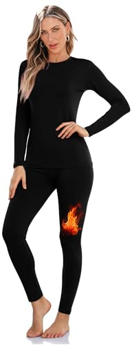 Sampeel Thermal Underwear for Women Cold Weather Clothes Fleece Lined Thermal Long Johns Winter Base Layer Women's Clothing Lounge Sets Thermal Shirt Top and Leggings Pants 2Pc Set for Women Black M
