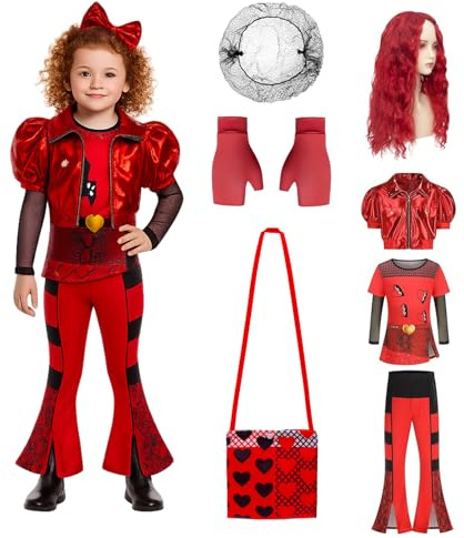 Hengrongshen Des-cendants Costume Rouge pour Enfant avec Veste, Haut, Pantalon, Perruque Rouge, Gants Rouges, Déguisement Des-cendants pour Enfant Carnaval, Halloween (130)