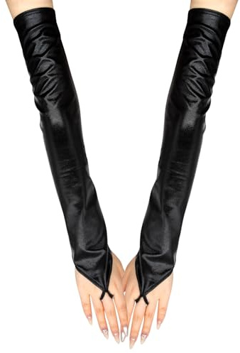 Long Keeper Guanti Lunghi Senza Dita Pelle PU Guanti Donna Lunghi Mezze Dita in Finta Pelle Sexy Mezzo dito per Festa Halloween Costume Ballo, Taglia Unica (Nero)