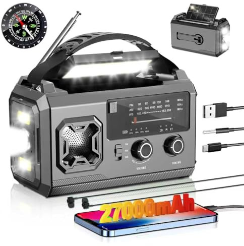 27000 mAh Radio Manovella,AM/FMPortatile RadioSolare di Emergenza con Bluetooth/Luce diLettura/Torcia/Bussola/Allarme SOS/Power Bank, Batteriaricaricabile per Campeggio,Viaggi