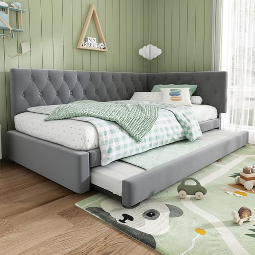 Miyemo Daybed with Pull Out Trundle, 3ft Upholstered Single Bed Frame with Slats, Velvet Sofa Bed for Living Room/Bedroom/Study Room, 90x190cm, Grey, (No Mattress)