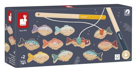 Janod - Juego de Pesca con caña de Madera - 2 cañas de Pescar + 10 Peces - 1 o 2 Jugadores - Juguete Educativo de Madera - A Partir de 2 años