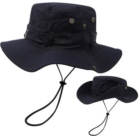 FYting Chapeau Homme Soleil Large Bord,Bob Homme Anti Uv,Safari Chapeau D'éTé pour Hommes, avec Cordon Coupe Vent, | Protection Solaire | VêTements de Pluie, Pour Pêche, Plage, L'Alpinism(Bleu Marine)