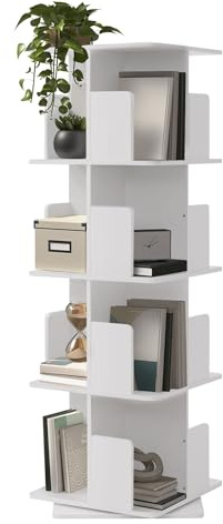 ML-Design Estantería Giratoria 360° con 4 Niveles y 16 Compartimentos, Blanca 40 x 124,5 x 40 cm Librería Independiente para Niños Organizador de Pie Mueble Multifuncional para Libros y Juguetes