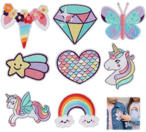 8 Pièces Écussons Thermocollants Licorne Arc-en-Ciel Cœur Papillon compatibles avec Vêtements, Patchs Brodés à Repasser pour DIY Sac à Dos