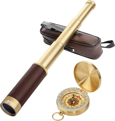 Laupha Télescope Pirate Rétro Monoculaire Zoomable 25x30 Vintage Longue Vue Enfant Lentille BAK-4 Imperméable Mini Télescope avec Boussole pour Adultes Camping Observation des Oiseaux