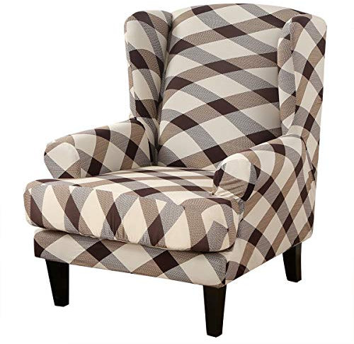TOPCHANCES Wingback Chair Slipcover ,2 Piece Spandex High Stretch Slipcovers with Cushion Cover for Wingback Chairs ,Wingback Chair Covers for Living Room (Coffee Line)