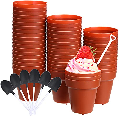 Patelai 50 Pack Flower Pot Dessert Cups with Shovel Spoons Plastic Cake Desserts Cups for Farmers Market Construction Birthday Party Baking Supplies, Ice Cream, Cupcakes, Yogurt, Pudding