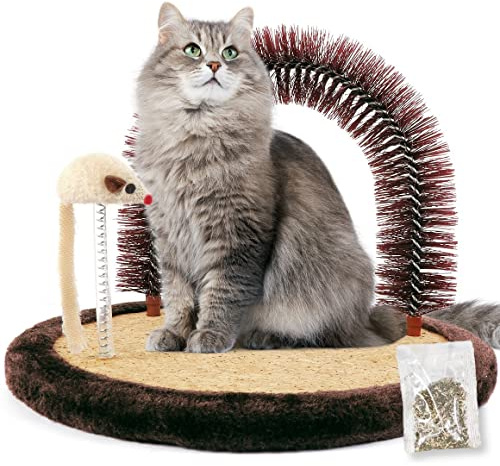 Happi N Pets Kattbåge, självvårdsapparat, kattmassageapparat, katthårborste för vård med robust klösmatta och kattmynta, interaktiv musleksak för kattungar