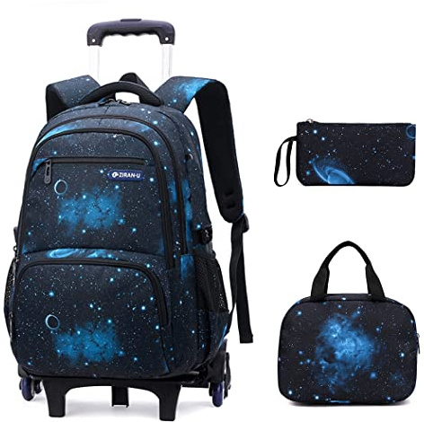 3Pcs Galaxy Boys Rolling Backpack Set with Insulated Lunch Bag, Multi-Pocket Trolley Elementary Bookbags School Bags on 6 Wheels