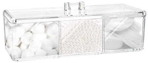 Square Qtip Holder Dispenser, 3 Compartments Cotton Ball Holder, Bathroom Canisters for Cotton Swab, Ball, Cotton Pad Organizer, Clear Acrylic Containers with Lid for Bathroom Vanity Countertop