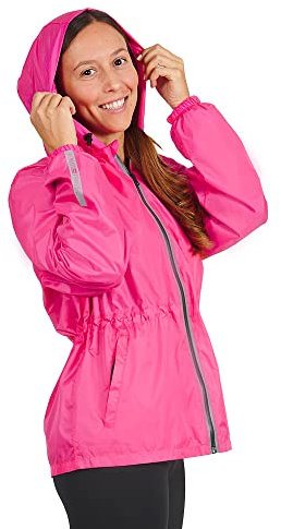 PERLETTI Chubasquero Mujer Cortaviento Ligero con Cremallera - Impermeable Mujer con Capucha Detalles Reflectantes - Chaqueta Trench Deporte Transpirable Waterproof Reutilizable Mujeres (L, Fucsia)
