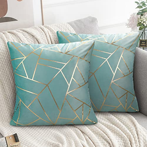 ETOLISHOP Samt Kissenbezug Wohnzimmer Dekokissen Blau Hellblau Gold Linie Geometrie Kissenbezüge Kissenhülle Sofakissen Couchkissen für Schlafzimmer Sofa Bett Auto Zuhause Dekoration 45x45cm