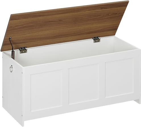 HOOBRO Truhen, Sitzbank mit Stauraum, Spielzeugkiste mit Deckel, 100 cm Aufbewahrungstruhe, Truhe mit Sicherheitsscharnier, Eingangsbereich, Schlafzimmer, Wohnzimmer, Weiß und Walnuss EWH141CW01