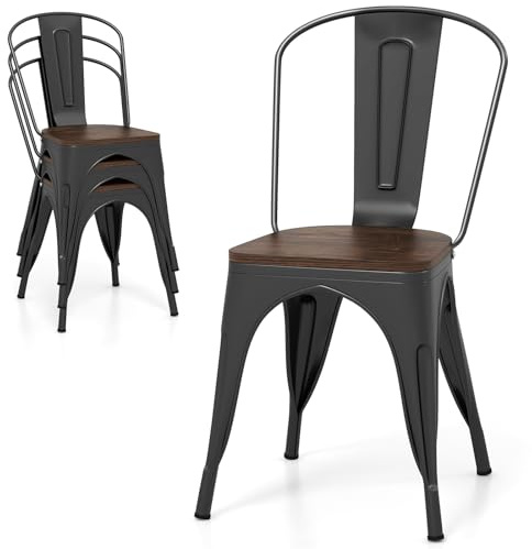 LIFEZEAL Set di 4 Sedie da Pranzo, Sedia Impilabile, Sgabello da Bar, Schienale Alto, Ergonomico, Sedile in Legno di Olmo, Telaio in Metallo, Peso Max 120 kg, per Soggiorno, Cucina, Balcone (nero 1)