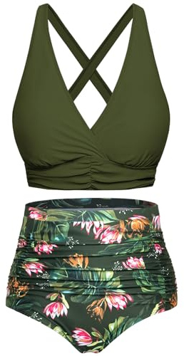 Svanco Maillots de Bain Femme Deux Pièces Gainant Ventre Plat Taille Haute Ensembles avec Attaches Bikini Set Push Up Col V Élégant