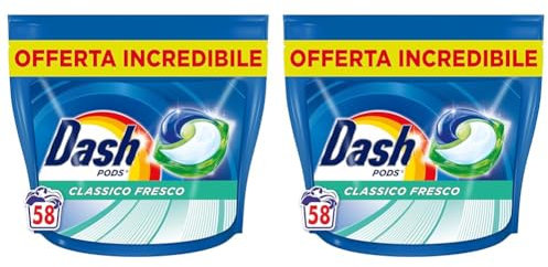 Dash Pods Detersivo Lavatrice In Capsule, 58 Lavaggi, Classico Fresco, Rimuove Le Macchie, Efficace A Freddo Anche E In Cicli Brevi (Confezione da 2)