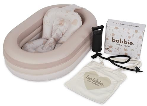 BOBBIE Aufblasbare Badewanne Baby – Rutschfest & mitwachsend für 0 bis 2 Jahre – inkl. praktischer Tragetasche und Luftpumpe - Sand