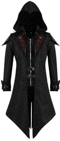 MVFEUIJ Steampunk Men's Jacket with Hood, Gothic Tailcoat Men's Coat Medieval Victorian Palace Vintage Coat, Halloween Costume Carnival Party Cosplay Clothing (Black, 3XL)