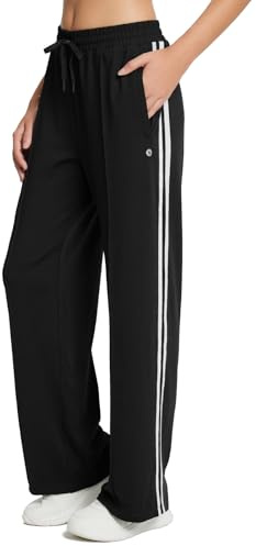 baleaf Womens Track Pants Athletic Running Pants Sweatpants Straight Leg Zipper Pockets Sports Jogging Striped Loose Fit Black/White M