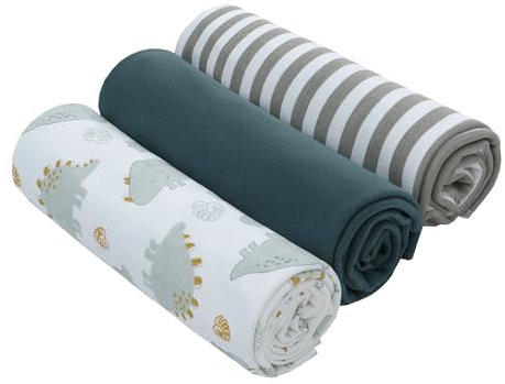 LAT LEE AND TOWN Baumwolle Baby Mulltuch Spucktuch Puckdecke Babydecke Baby Swaddle Decke, Musselin Decke 90x90cm 3er Set, Dinosaurier+Streifen+Dunkelgrün