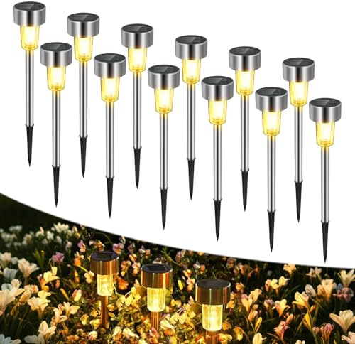 12 Pezzi Luci Solari per Esterni Giardino, Lampada Solare Giardino Esterno a Terra, In Acciaio Inox IP44 Impermeabile, LED Luci Solari per Vialetto, Patio, Prato, Cortili e Sentieri(Luce Bianca Calda)