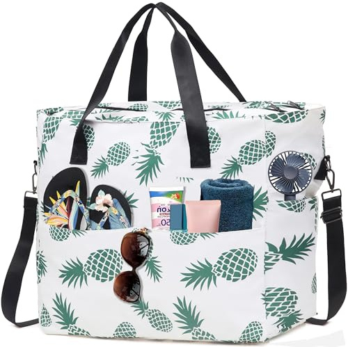 KESUDE Strandtasche xxl Familie Tote Bag mit Reißverschluss Shopper Tasche Damen Groß mit Vielen Fächern Badetasche Beach Bag Reisetasche Handtasche Umhängetasche Saunatasche Strandurlaub für Frauen
