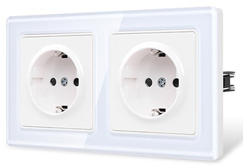 CNBINGO Enchufe doble Schuko con garras, doble enchufe de pared con placa de cristal curvado de 2,5D, 16 A, enchufe estándar de la UE, empotrado, con protección para niños, 2 enchufes, color blanco