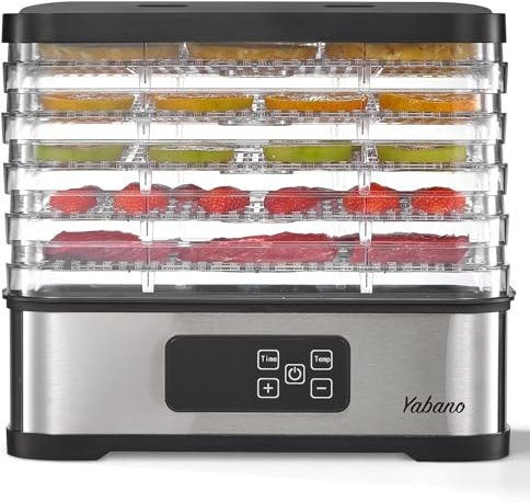 Deshidratador de alimentos Yabano con 5 bandejas, 250W, pantalla LED, temperatura ajustable 35-75°C, temporizador 1-72H, diseño compacto, libre de BPA, fácil de limpiar para frutas, verduras