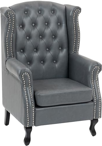 HOMCOM Wingback Armchair, PU Leather Accent Chair, Button Tufted, Grey | Living Room, Bedroom, Home Office, Fireside