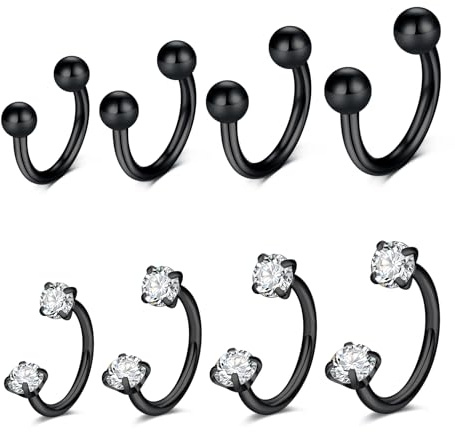 Funseedrr Piercing de herradura para tabique, 8 piezas, 16 G/18 G, 6/8/10/12 mm, acero inoxidable con circonita plateada para tragus, nariz, pezón, septum nasal, oreja, caracola y labio, piercing para