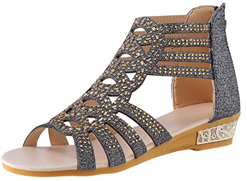Gladiatorsandaler för kvinnor Storbritannien ledig öppen tå strass boho kil sandaler med ankelrem fritid sommar semester strandsandaler damer retro andningsbara promenadskor skor för bankettfest