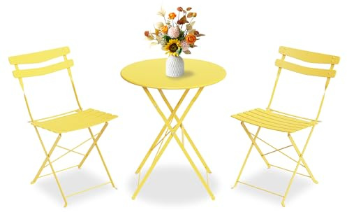GarveeLife Juego de Bistró 3 Piezas Plegable Mesa y 2 Sillas Metal Amarillo Sin Montaje