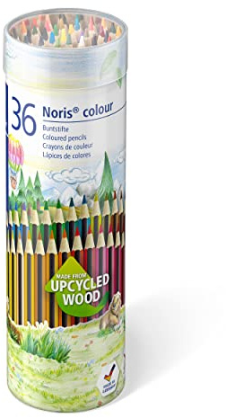 STAEDTLER Buntstifte Noris colour, rutschfeste Soft-Oberfläche, hohe Bruchfestigkeit, Made from Upcycled Wood, intensive Farben, Sechskantformat, 36 Farbstifte in Metallrunddose, 185 MD36