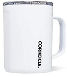 Corkcicle Origins Travel Coffee Mug - Triple Insulated Stainless Steel Cup with Handle for Tea, Hot Chocolate, Coffees, & More - Spill Proof, Reusable, Dishwasher Safe - Gloss White, 475ml/16oz