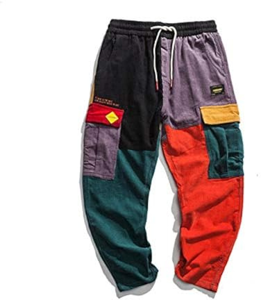 Loeay Pantaloni casual da uomo Hip Hop Streetwear Color Block Joggers Pantaloni in velluto a coste Pantaloni Elastico in vita Harem Patchwork Pant, Come da immagine, S