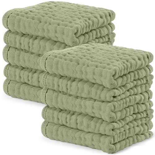 Bekväma ungar muslin baby tvättlappar 10-pack – mjuka 6-lagers bomullstvättdukar för känslig hud – 25 cm x 25 cm stora, skonsama, absorberande nödvändigheter för nyfödda och småbarn – salvia